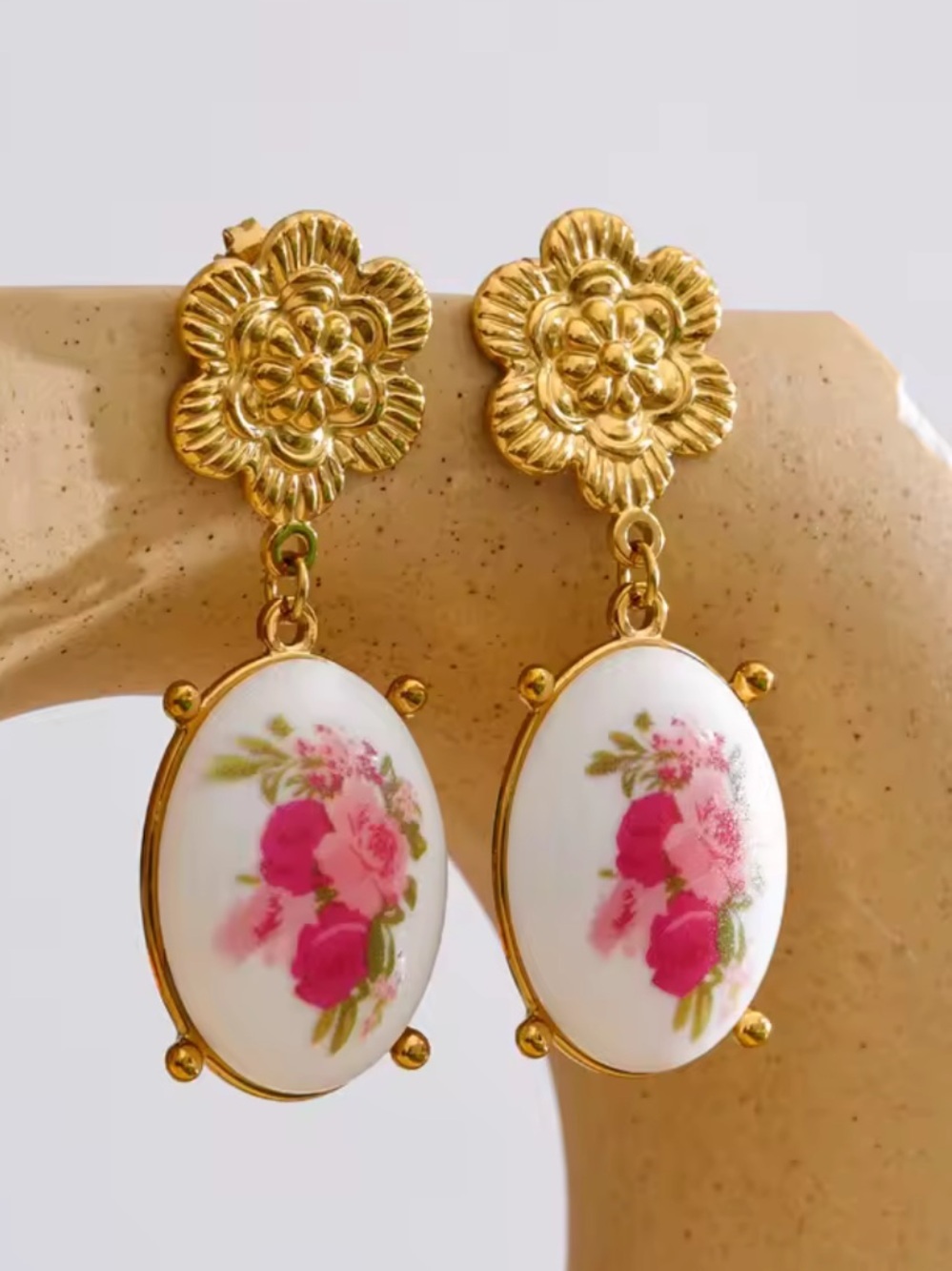 Vintage Pink Rose Porcelain Gold Floral Earrings